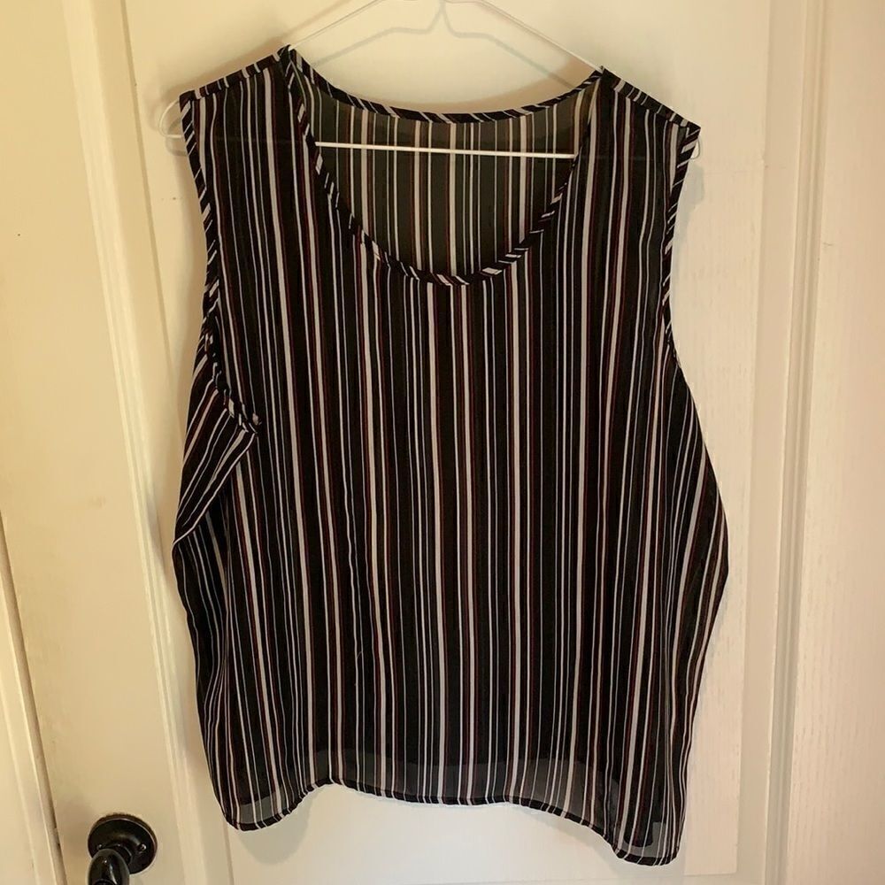 Faded Glory Striped Sheer Tank blouse red black white 18w
